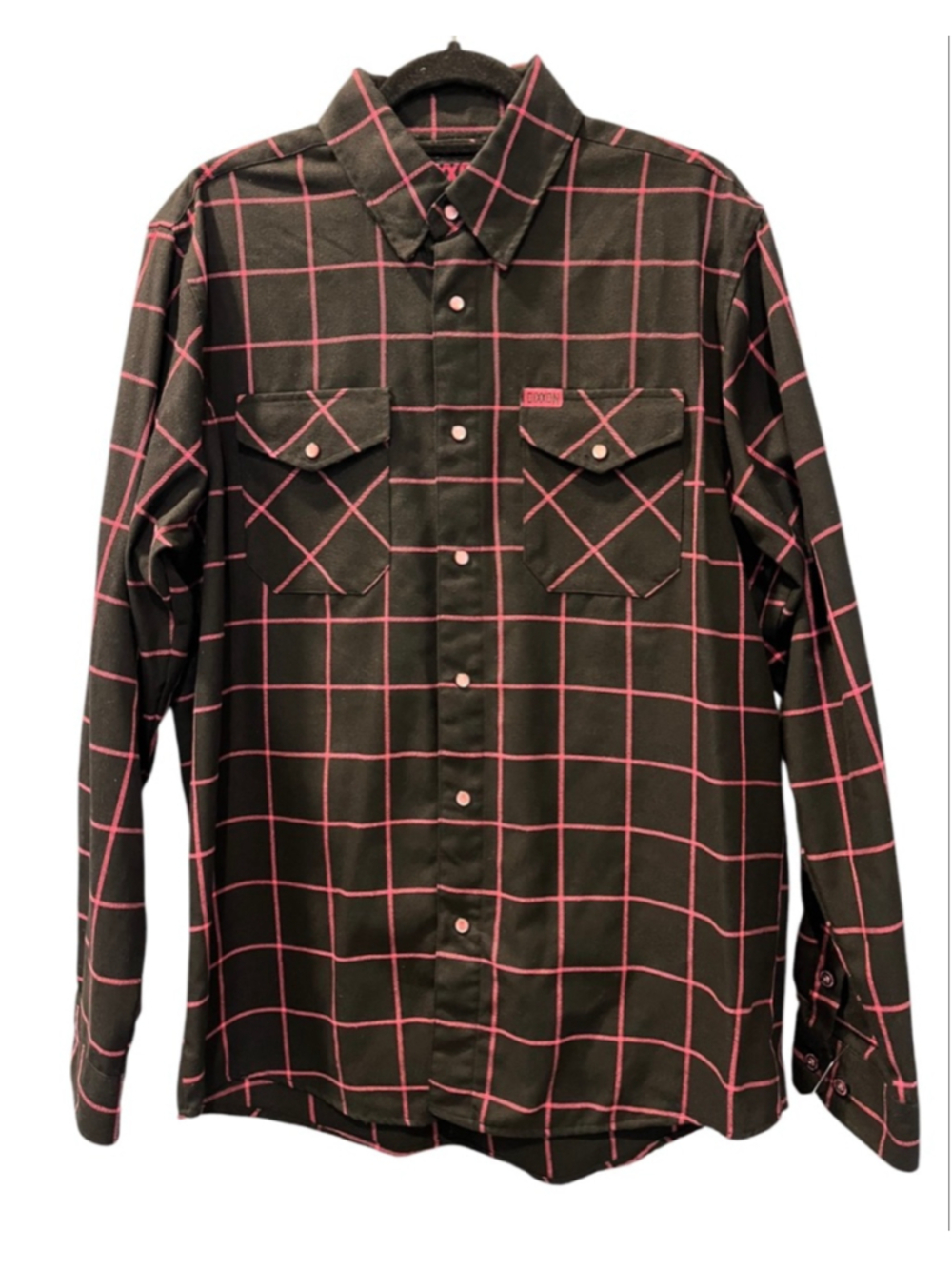 Dixxon The Hope Flannel Shirt Black Pink Windowpane Grid Plaid Snap Front Size L